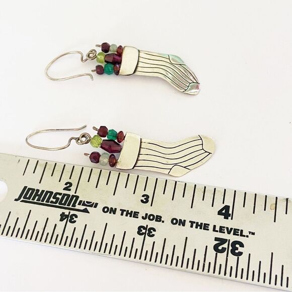 Vintage sterling silver Christmas stocking drop earrings with gemstones - Picture 5 of 6
